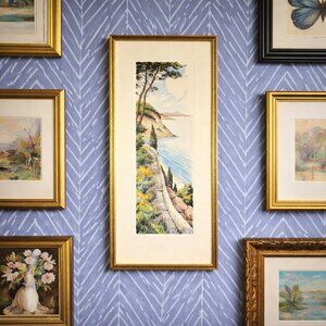 Antique Original Mediterranean Coastal Watercolor Painting Narrow Framed Art